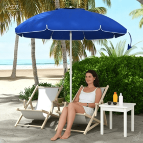 5.7 Beach Umbrella For Travel With Tilt, Adjustable Height, 2 Cup Holders, Hooks, Vent, Ruffles, Sapphire Blue (Option: Sapphire Blue)