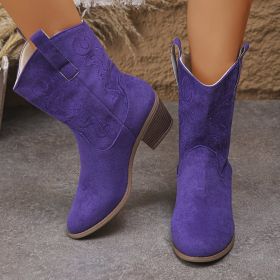 Pointed Toe Western Boots Fashion Retro Embroidered Chunky Square-heeled Mid-calf Boot For Women (Option: Purple-36)