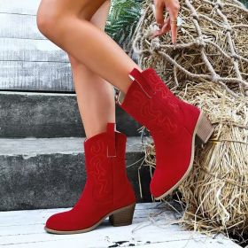 Pointed Toe Western Boots Fashion Retro Embroidered Chunky Square-heeled Mid-calf Boot For Women (Option: Red-36)