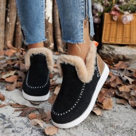 Fleece-lined Thick Plush Boots Warm Sewing Flat Cotton Shoes Winter Ankle Boot (Option: Black-36)