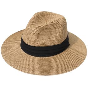 Women Men Wide Brim Straw Panama Roll up Hat Fedora Beach Sun Hat UPF50+ (Color: khaki)