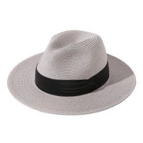 Women Men Wide Brim Straw Panama Roll up Hat Fedora Beach Sun Hat UPF50+ (Color: grey)