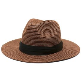 Women Men Wide Brim Straw Panama Roll up Hat Fedora Beach Sun Hat UPF50+ (Color: coffee)