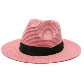 Women Men Wide Brim Straw Panama Roll up Hat Fedora Beach Sun Hat UPF50+ (Color: pink)