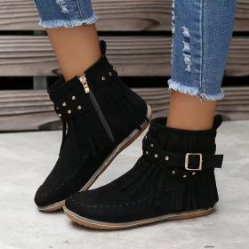 Retro Ankle Boots With Rivet Tassel Flat Shoes Women Winter Boots (Option: Black-35.)