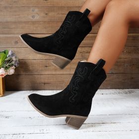 Pointed Toe Western Boots Fashion Retro Embroidered Chunky Square-heeled Mid-calf Boot For Women (Option: Black-37)